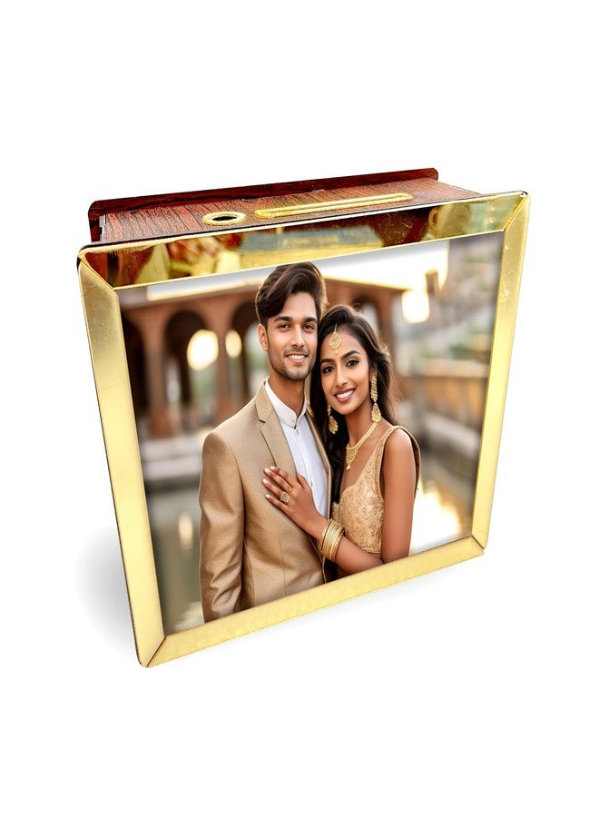 MUSHA Reusable Wooden Modern Money Saving Box | MDF Piggy Bank with Gold Acrylic Borders | 6x4, 6x8, 12x8 Inch | Custom Photo & Savings Tracker | Dual Slot Design | Transparent Bottom Cover (6x8) - Image 1